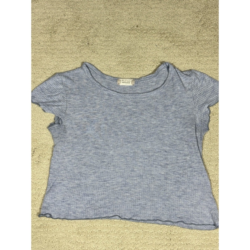 Altar'd State Women Blue Ribbed Knit Lettuce Trim‎ Crop Top Tee M